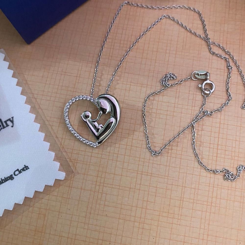 Mom & Child Eternity Sterling Silver CZ Heart Necklace